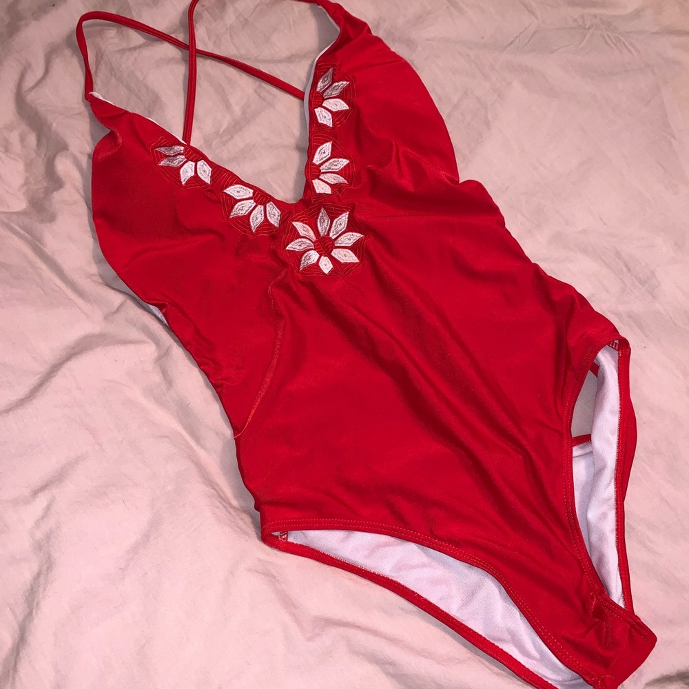 Red Low Cut, Open Back Floral One Piece